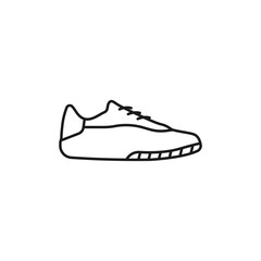 Poster - Sneakers line vector. Outline sneaker simple icon on white background. Sports shoes black concept logo vector. Running symbol icon. Sneaker foot size vector. Vector stylish illustration.
