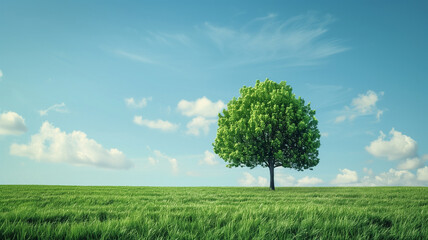 Solitary tree in green field..Lone tree standing in a vast green field under a clear blue sky. AI generative..