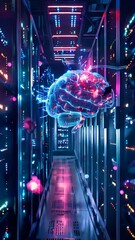 Poster - A brain suspended in the middle of the server room. Concept of artificial intelligence and machine learning.