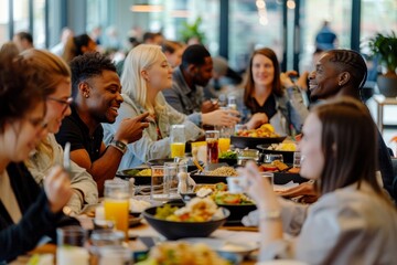 Wall Mural - A diverse group of coworkers sitting at a table, enjoying food and conversation during lunch, A diverse group of coworkers enjoying a lively lunch together at a corporate cafeteria