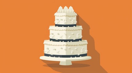 Wall Mural -   A three-tiered cake, positioned on a pristine white cake stand, against an orange backdrop Crown shadow cast above