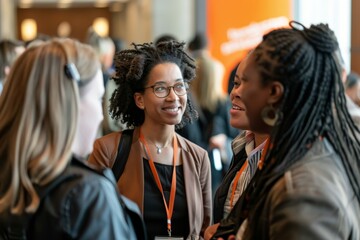 Wall Mural - Diverse group of professional women standing next to each other, networking at an event, A diverse group of professionals networking at a conference