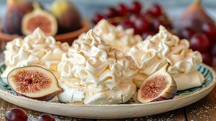 Poster -   A plate topped with meringue, whipped cream, and sliced figs, alongside a bowl of fruit