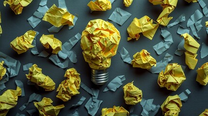 Yellow crumpled paper forms the shape of a lightbulb, representing a creative business concept centered around generating ideas.