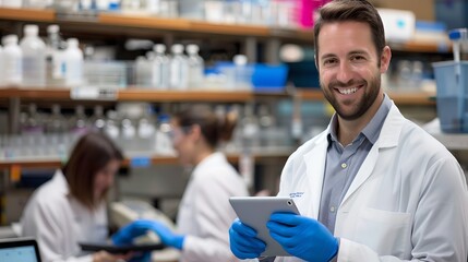Aufkleber - smiling male scientist with tablet in modern lab. colleagues working in background. professional res