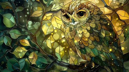 Wall Mural - A beautiful owl is perched on a branch in a lush green forest
