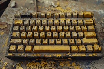 Poster - an old computer keyboard covered in dust and with yellowed keys sitting on a dirty floor, a dusty ke
