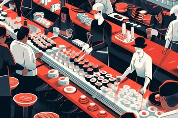 Sticker - Diverse group of individuals standing around a table filled with various dishes of food, A dynamic and energetic illustration of sushi being served conveyor belt-style at a busy restaurant