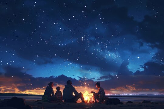 Family enjoying campfire and roasting marshmallows under a beautiful night sky, A family camping under the stars, roasting marshmallows over a fire