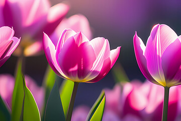 Wall Mural - closeup of pink and purple tulip plant border, floral nature background