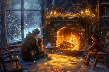 Poster - A couple of people sitting together in front of a warm fireplace, A family gathered around a cozy fireplace on a winter evening