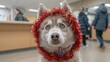   A white dog with blue eyes, wearing a red tinsel collar and garland around its neck