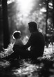 Father and Son Sharing a Quiet Moment in Sunlit Forest