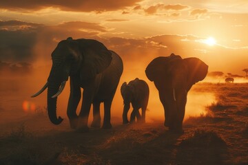 Sticker - Family of elephants in a herd, walking across a grass-covered field in the savannah, A family of elephants walking through a dusty savannah at sunset