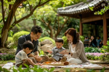 Wall Mural - A family of four sitting on a blanket, enjoying a picnic in the park on a sunny day, A family of four enjoying a picnic in a traditional Asian garden