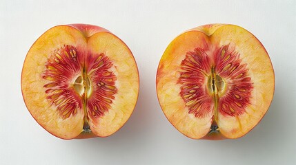   A halved peach atop a white counter, beside another halved peach