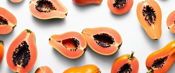 Wall Mural - Cut papaya on white. Healthy fruit. Top view
