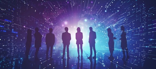 Silhouettes of business people standing in front of a digital screen with code and a technology background, the silhouette concept for professional team work Generative AI