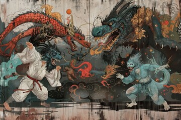  A painting depicting two individuals engaged in combat with a fierce dragon, A fantastical scene imagining mythical creatures engaging in Ju Jitsu battles