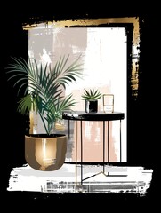 Wall Mural - A potted plant sits atop a wooden table next to a window with sunlight streaming in