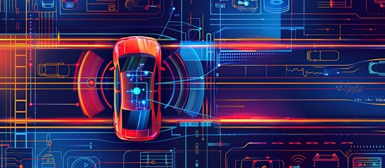 Poster - Smart car in autonomous mode on roads, graphic sensor radar signals and internet connectivity, top view.