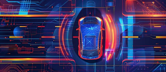 Poster - Line image a smart car in autonomous mode on graphic sensor radar signals connectivity, top view.
