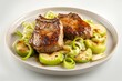 Allspice Pork Chops with Caramelized Leeks, Crunchy Apples, and Aromatic Butter