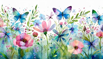 Sticker - floral seamless border with abstract wildflowers plants butterflies and dragonfly blue pink and green colors watercolor isolated illustration horizontal wildlife background