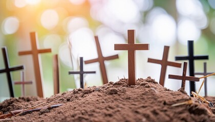 crucifixion and resurrection empty tomb of jesus with crosses in the background easter or resurrection concept he is risen