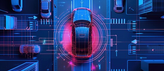 Poster - Smart car with HUD autonomous driving sensors radar and city road graphics. Smart car technology concept.