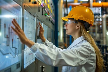 Poster - a woman in a hard hat and safety glasses is focused on working with a control panel displaying realt