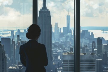 Poster - A businesswoman gazes out a city window from a highrise office, A female executive in a high-rise office, looking out at the city from a window