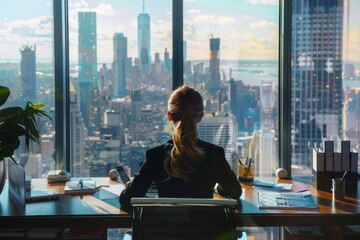 Poster - a professional woman is seated at a desk in a highrise office, gazing out of a window onto the city 