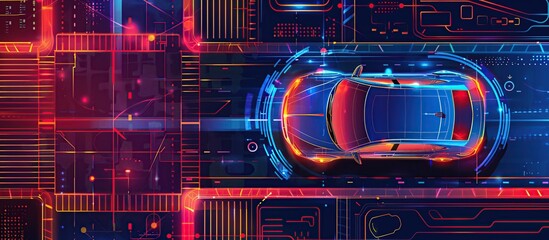 Poster - Smart car tech with HUD autonomous driving graphics sensors radar. Concept smart car technology.