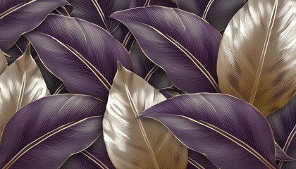 Poster - dark tropical leaves in golden silver purple colors seamless pattern luxury wallpaper premium 3d illustration vintage watercolor design dark background metallic texture abstract digital paper