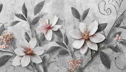 Canvas Print - flowers on the old white wall background digital wall tiles or wallpaper design