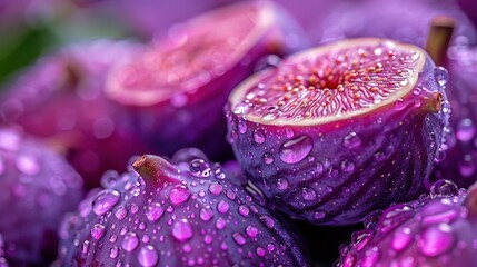 Wall Mural -   Purple fruit with water drops and green leaf in background