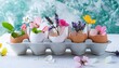 beautiful easter composition flowers in eggs shells on marble background festive spring season table decor for easter holiday ostara sabbat