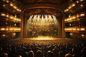 Fototapete - A bustling theatre with a crowded audience watching various artists perform on stage during a live event. Generative AI