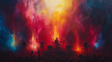 A painting of a rock band performing on stage with a crowd of people watching