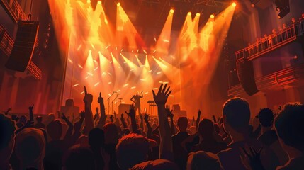 Leinwandbilder - A lively crowd of people cheering with their hands up in excitement at a concert, artists performing on stage in the background. Generative AI
