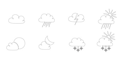 Wall Mural - Weather one single line symbols set. Continuous editable stroke hand drawn line. Vector stock illustration isolated on white background for design template travel blog, meteorology forecast day.