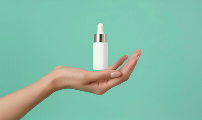 Wall Mural - female womans hand holding empty blank white bottle dropper gentle skin care product mockup on paste