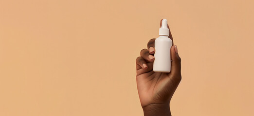Wall Mural - black diverse female woman hand holding empty blank white bottle dropper gentle skin care product mo