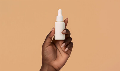 Wall Mural - black diverse female woman hand holding empty blank white bottle dropper gentle skin care product mo