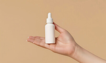 Wall Mural - female woman hand holding empty blank white bottle dropper skincare product mockup on beige backgrou