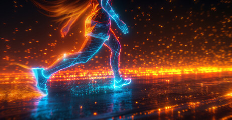 Poster - Neon-lit silhouette of an athlete sprinting with dynamic light trails.