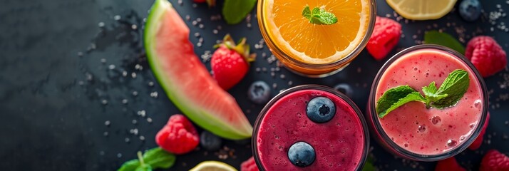 Poster - a group of fruit and vegetables surrounding a smoothie in glasses with mint garnishes and a slice of orange..