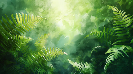 Wall Mural - A painting of a lush green forest with a bright sun shining through the trees