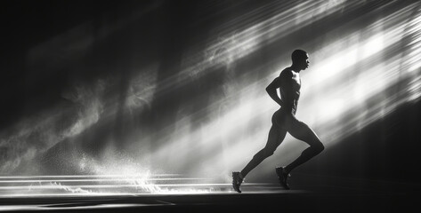 Poster - A man is running through the darkness, illuminated by a bright light behind him.